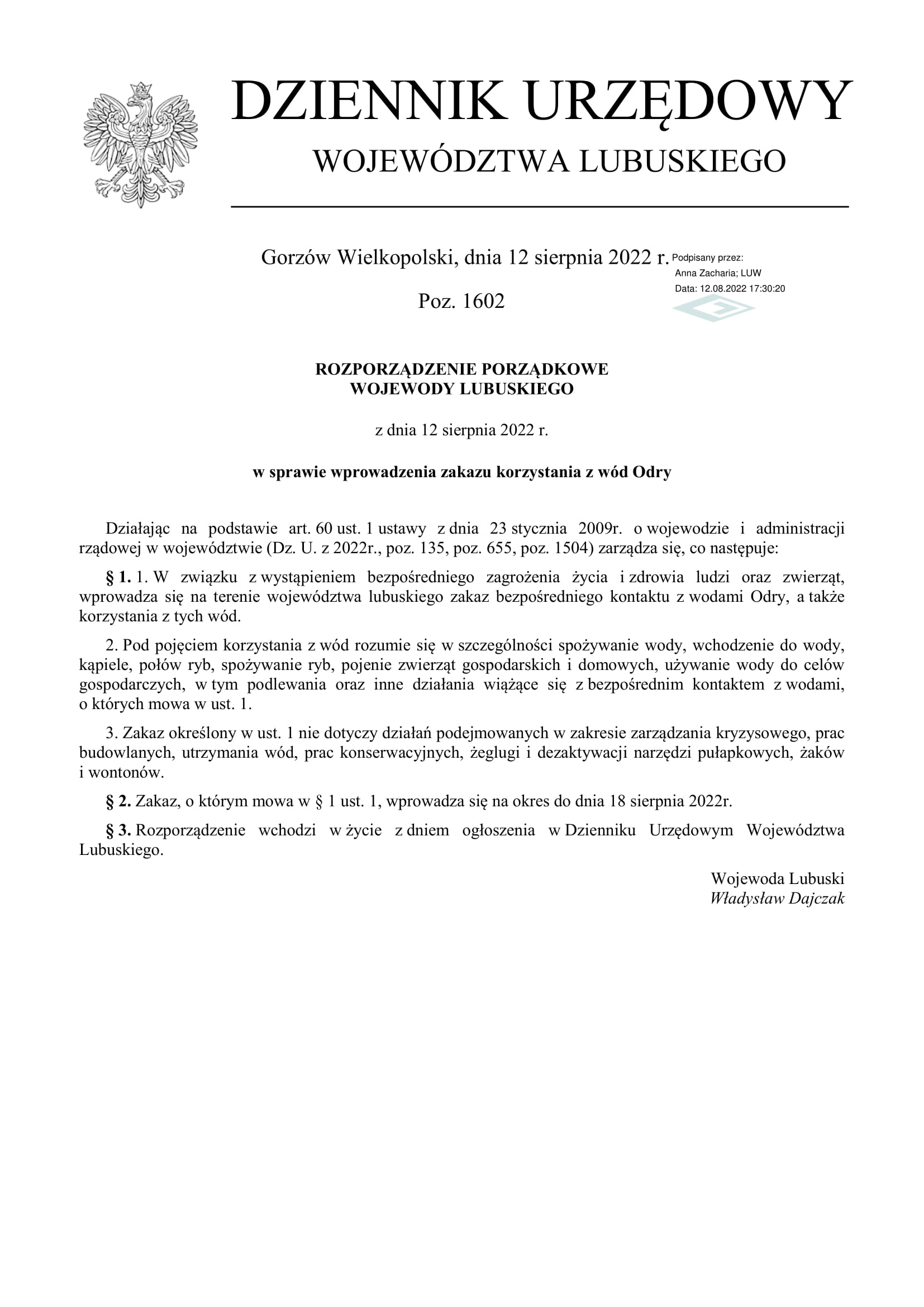 Ilustracja do informacji: Rozporządzenie Wojewody Lubuskiego w sprawie zakazu korzystania z wód Odry 